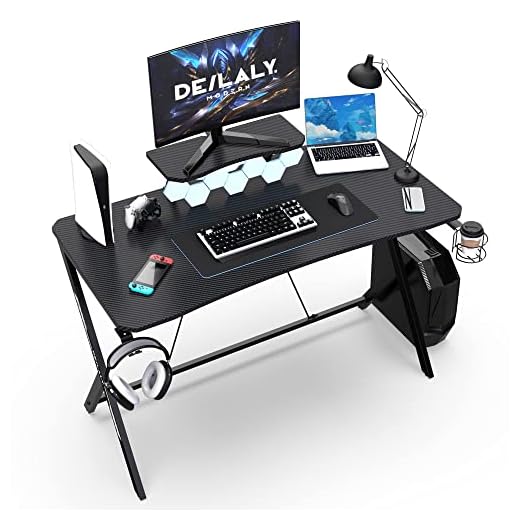 DEILALY Gaming Desk 45 Inch Large Gamer Desk Computer Desk with Monitor Stand Shelf Mesa Carbon Fiber Gaming Gamer Table Y Shaped Workstation PC Desk Study Table Carbon Steel Legs Home Office Black