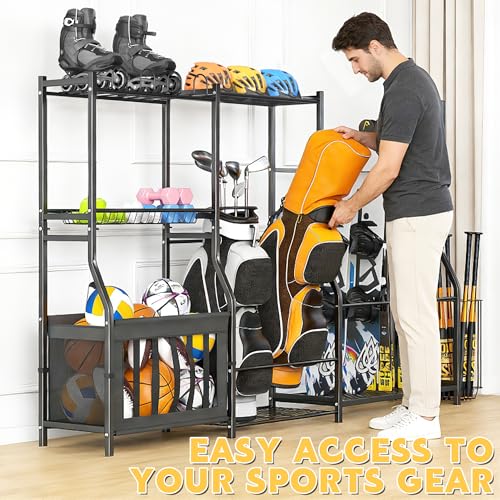 Ultrawall Sports Equipment Organizer, Heavy Duty Garage Golf Bag Stand, Ball Storage Rack with Basket, Garage Organization for Sports Gear and Toy Storage, Indoor/Outdoor Use - Thumbnail 7