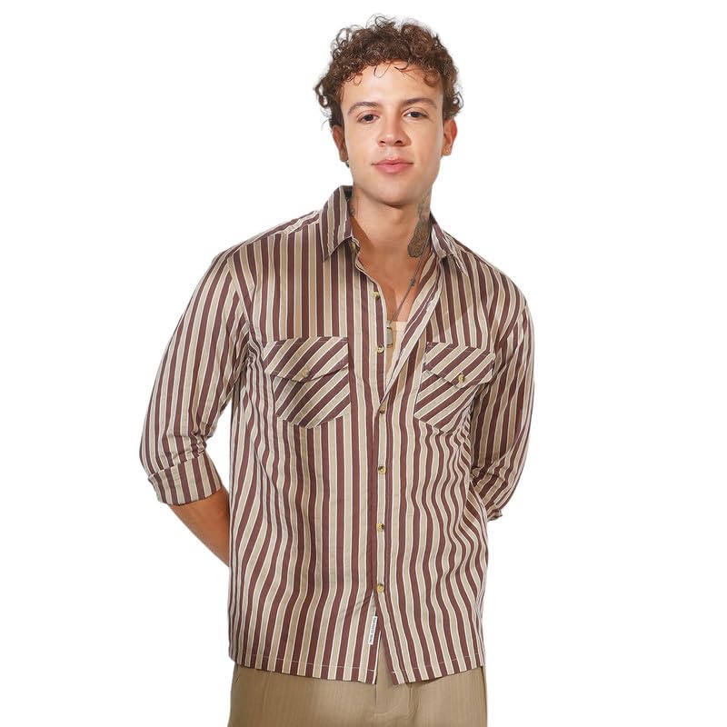 Image of CAHOOT Men's Multitrack Striped Oversized Shirt for Casual Wear | Spread Collar | Long Sleeve | Button Closure | Oversized Shirt Crafted with Comfort Fit for Everyday Wear