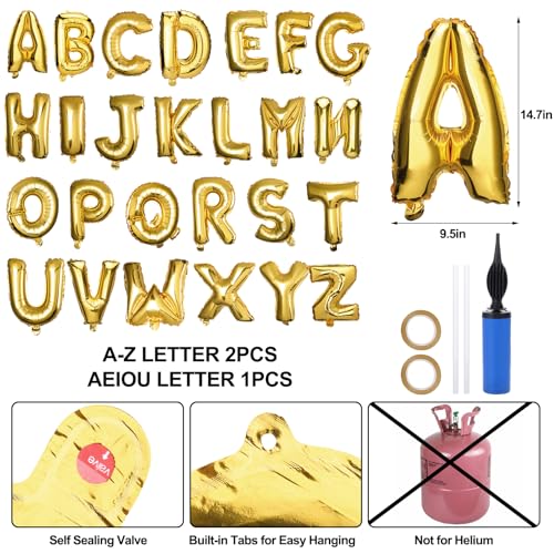 57 Pcs Letter Balloons, 18\" Gold Aluminum Foil Alphabet Custom Balloons Banner for Birthday, Baby Shower, Wedding, Graduation, Happy New Year Party Decorations Supplies