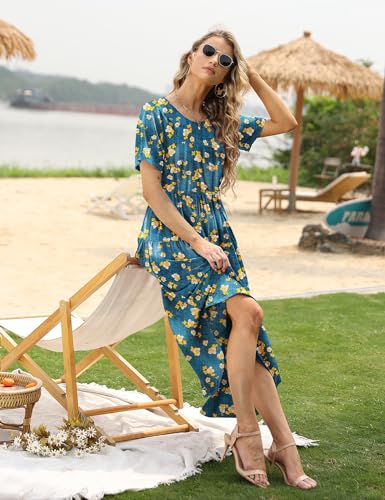 Image of YESNO Women Casual Loose Bohemian Floral Dress with Pockets Short Sleeve Long Maxi Summer Beach Swing Dress EJF