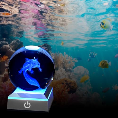 Image of 3D Axolotl Crystal Night Light with Multicolor LED Base Glass Laser Engraved Axolotl Figurines Gifts for Boys Girls Lovers Birthday Christmas Room Decor (Axolotl-1)