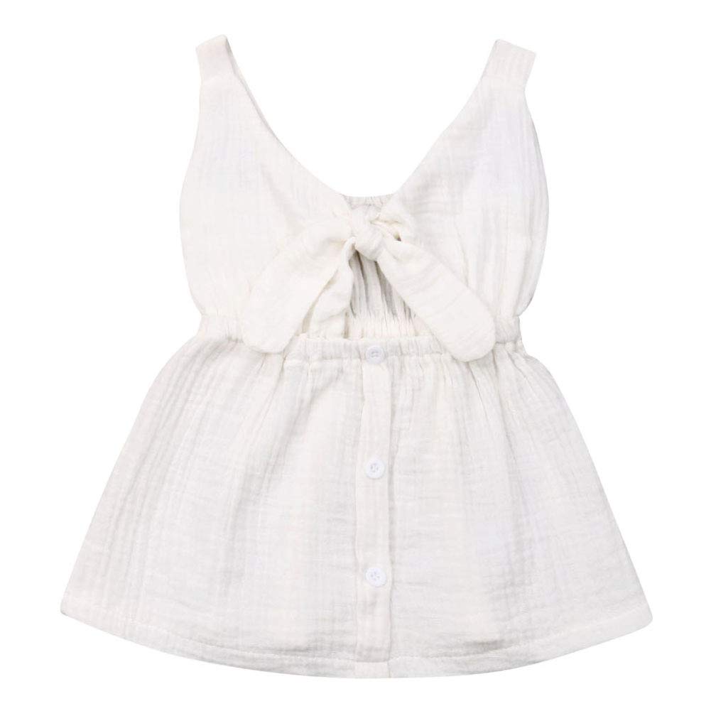Toddler Baby Girls Solid Cotton Linen Straps Bowknot Front Buttons Backless Dress (3-4T, White)