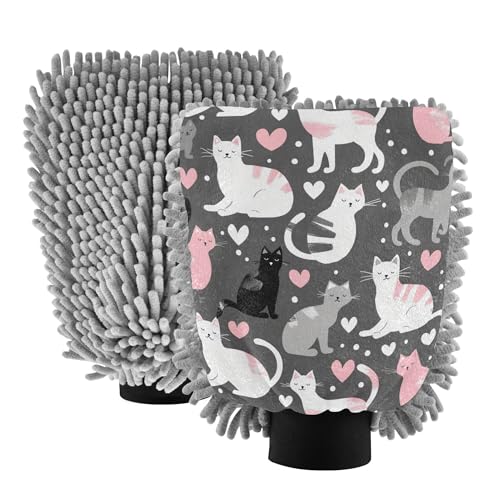 Cartoon Cute Grey White Peach Cats Wash Mitt for Cars 11.8'' Car Washing Glove Scratch-Free Washer Sponge for Wash Drying