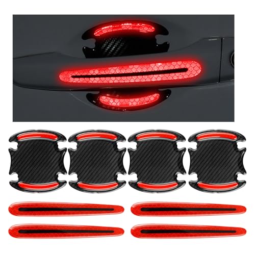 Gasedin 8 PCS Car Door Bowl Stickers, Anti-Scratch Carbon Fiber Reflective Stickers for Car Door Handles, Universal Self-Adhesive Paint Guard Protective Films, Car Accessories (Red)