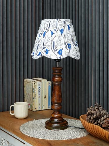 Image of Green Girgit Wooden Classic Lamp with Pleeted Multicolor Blue Floral Lotus Shape Lamp Shade
