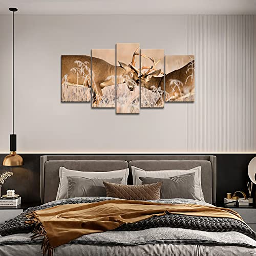 5 Panel Wall Art White Tailed Deer Bucks Sparring Painting Pictures Print On Canvas Animal The Picture For Home Modern Decoration Piece (Stretched By Wooden Frame,Ready To Hang) #TOP3