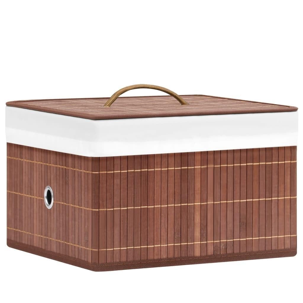 4 Stück faltbare Bambus Aufbewahrungsboxen mit Öse, braun, aus Bambus und gewebtem Stoff, ideal für Schals, Socken und Unterwäsche, platzsparend zusammenfaltbar für Regale