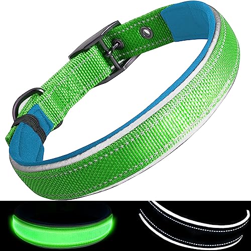 PEAKFIRE Soft Padded Dog Collar, Light Up Dog Collars Rechargeable Reflective Dog Collar, Heavy Duty Comfortable LED Dog Collar Light for Small Medium Large Dogs