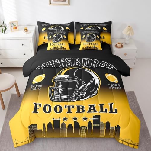 Erosebridal American Soccer Queen Bed in A Bag for Kids Boys Teen Adults,Sports Rugby 7 Pcs Bedding Set Football City Comforter Set with Sheets Competitive Games Black Yellow Bed Set