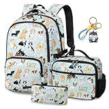 Fihevur Dog Backpack Set for Boys Girls, Kids Puppy Backpack for School with Lunch Box Pencil Bag, Cute Dog School Bag with Keychain for Elementary Students
