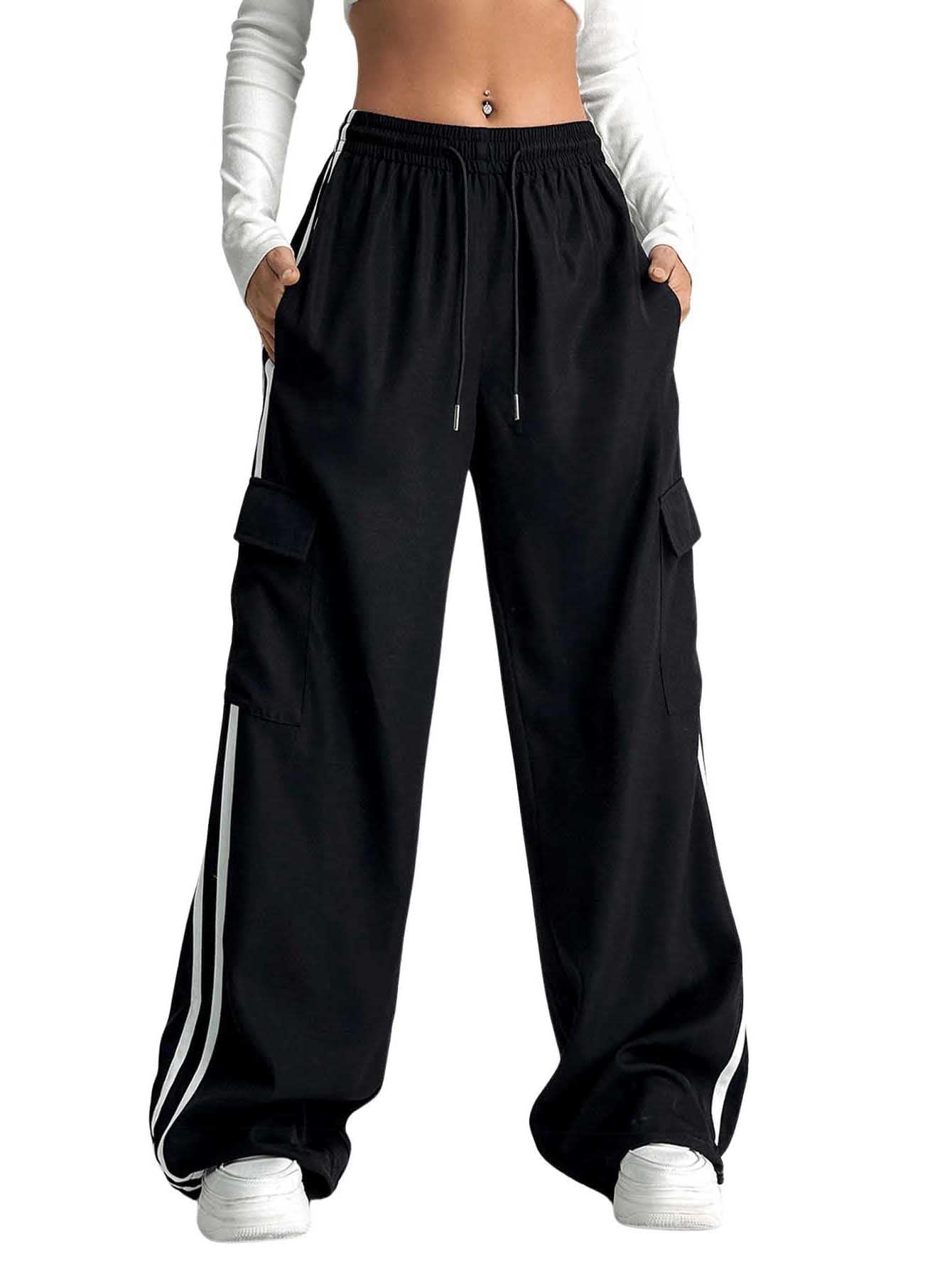 Verdusa Women's Cargo Pants Baggy Straight Wide Leg Track Pants Striped Joggers with Pockets Athletic Streetwear