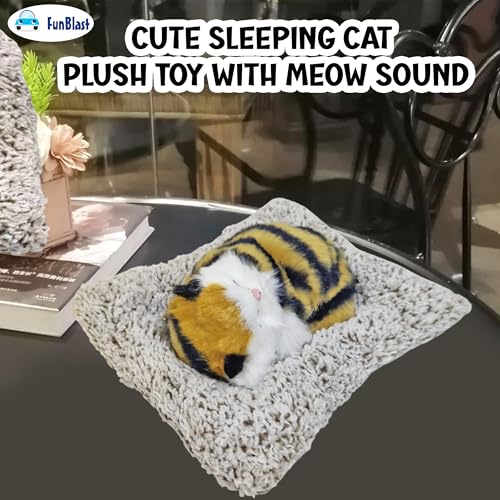 Image of FunBlast Cute Sleeping Cat Plush Toy with Meow Sound, Gift for Kids, Toy Accessories for Car Dashboard (Brown+Black)