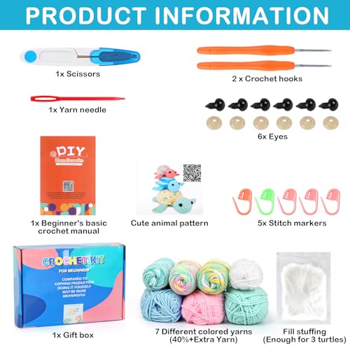 UXORSN Crochet Kit for Beginners Adults 3 Pack Turtle Family Crochet Animal Starter Kits Complete Knitting Supplies with Yarn Hooks Step-by-Step Instructions Video Tutorials DIY Craft Gifts - Image 4