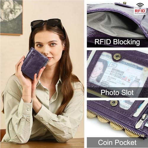 Image of CONTACTS Soft Leather Wallet for Women Small Bifold Coin Purse Double Zipper Card Holder with RFID Blocking (Eggplant Purple)
