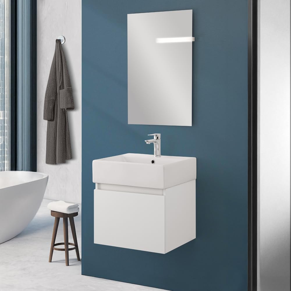 Mobiletto Bagno Sospeso Salvaspazio Da 50 Cm In Legno Nobilitato Bianco Linea Kira Con 1 Anta Dalla Chiusura Soft-Close, Completo Di Specchio 50x60 Cm E Lavabo