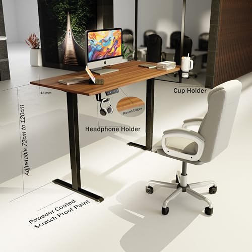 Image of H22 Electric Height Adjustable Standing Desk | 120x60 cm Sit-Stand Office Table | Walnut Top with Black Frame | Motorized Desk for Home Office | 1-Year Warranty Free Installation