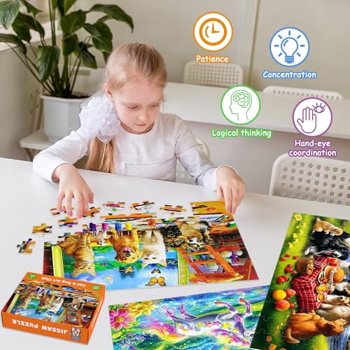 Rompecabezas de 100 piezas para niños de 4 a 8 años, paquete de 4 rompecabezas educativos con temática de animales, mundo marino, gatos, perros y unicornios miniatura 4