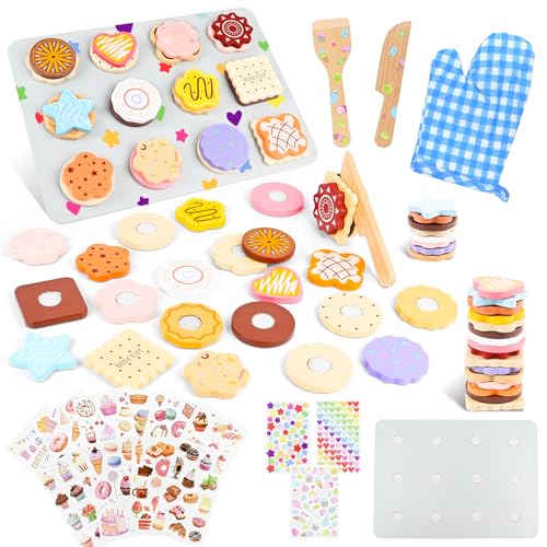 HERMORRYSS Galletas Madera Juguete, Cocina Juguete Madera, Juego de rol de Comida Juguetes para Cocinita con Pegatinas Infantiles, Regalo de Cumpleaños Ideales para Niñas Niño Bebé 2 3 4 5 6 Años