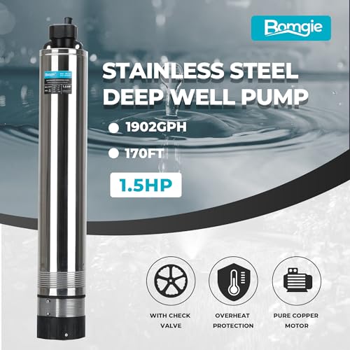 Bomgie 1.5Hp Shallow Deep Well Pump 170Ft Head, 1902Gph W/72.2Ft Power Cord 115V, Stainless Steel Submersible High Pressure Water Well Pump thumb #1