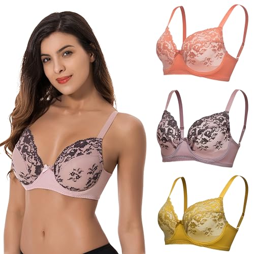 Curve Muse Semi-Sheer Balconette Underwire Lace Bra and Scalloped Hems (2 or 3 Pack)