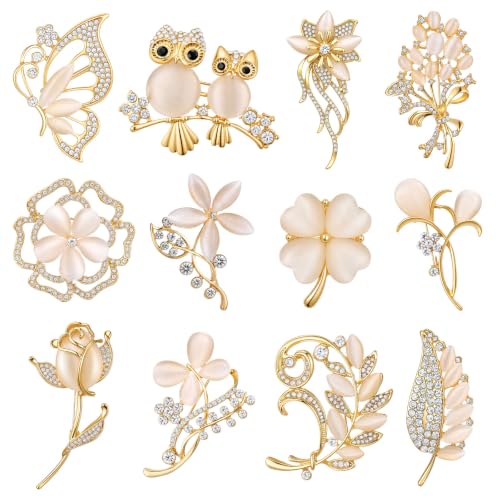 Image of Junkin 12 Pcs Women Brooches Bulk Set Rhinestone Pin Crystal Vintage Brooch Retro Pin Women Girls Gifts for Christmas