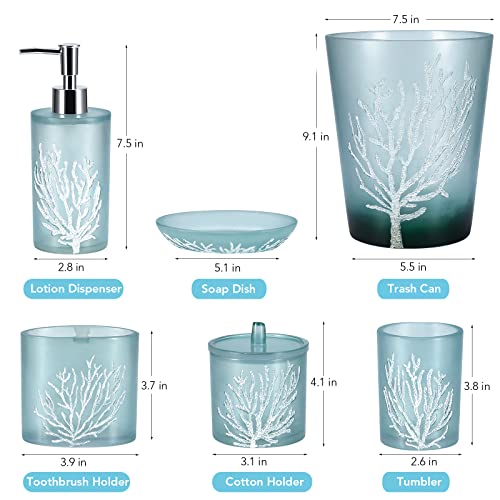 Bathroom Accessory Set, 6 PCS Coral Reef Bath Accessory Collection, Includes Lotion Dispenser, Divided Toothbrush Holder, Tumbler, Soap Dish, Cotton Holder, Trash Can, for Coastal Bathroom Accessories - Image 3