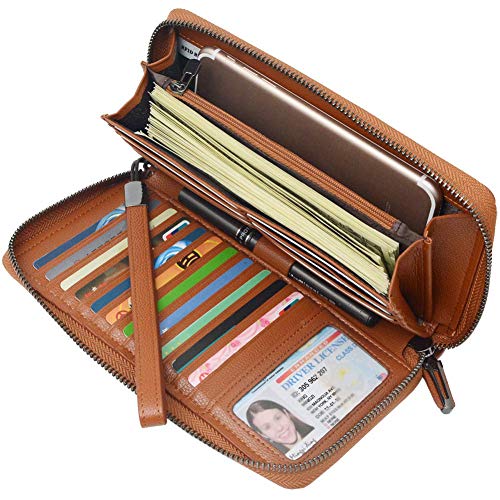 Bveyzi Women RFID Blocking Wallet Leather Zip Around Phone Clutch Large Capacity Ladies Travel Purse Wristlet (Brown) - Thumbnail 2