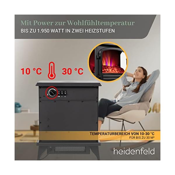 Heidenfeld Elektro Kamin EK100-3 Jahre Garantie - 2000 Watt - Energiesparende LED - 3 seitige Glasfront - 2 Heizstufen… – Bild 5