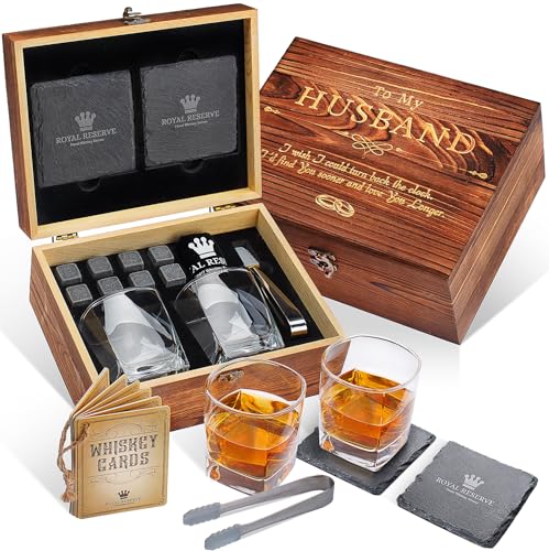 Whiskey Decanter Gift Set | Husband Birthday Gifts Artisan Crafted Chilling Rocks Stones Scotch Bour