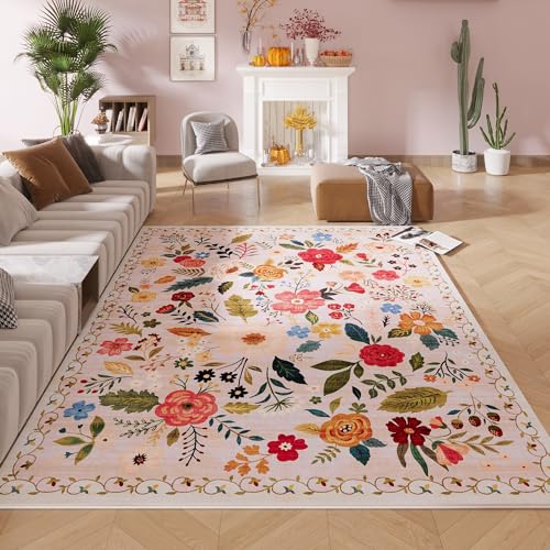Living Room Rug 6×9 Rug Machine Washable Boho Area Rug Non Slip Floral Vintage Low Pile Large Rug for Living Room, Bedroom, Farmhouse, Dining Room, Kids Playroom(Beige)