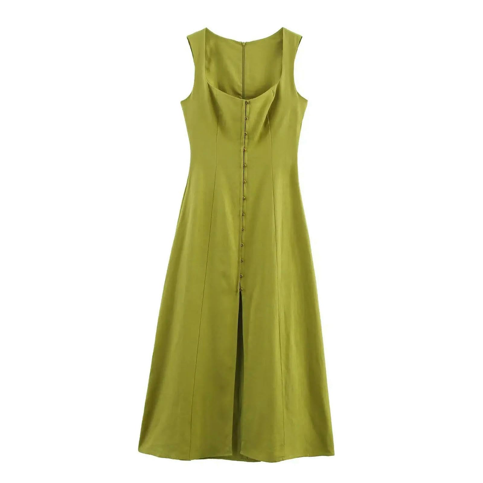 CHENSHI Robe Femme Chic Et Elegant Longue en Ligne A-Line Square NOU sans Manches Larges Sling Maxi Robes D'été De Bouton Trajet D'été-Vert L'armée-s