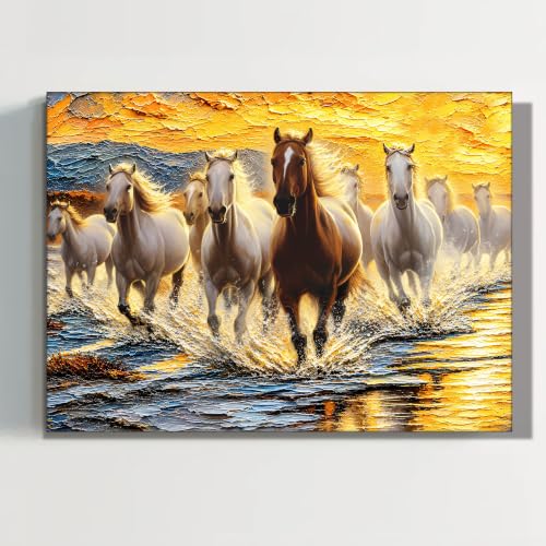 Image of PAINTINGMANTRA 9 Running Horses Vastu Stretched Canvas Painting For Living Room| Strength & Forward Energy Nine Horse Painting for Bed Room, Home & Office, 16x22 Inch