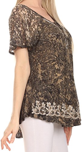 Image of Sakkas Ash Speckled Tiedye Embroidered Cap Sleeve Blouse Top with Embroidery Hems