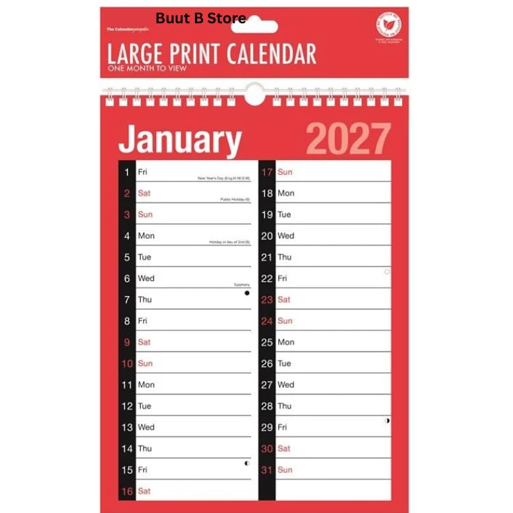 2027 Wallplanner - A4 2 Column Month to View Slim Wallplanner Spiral Bound Calendar for Home Business Office School