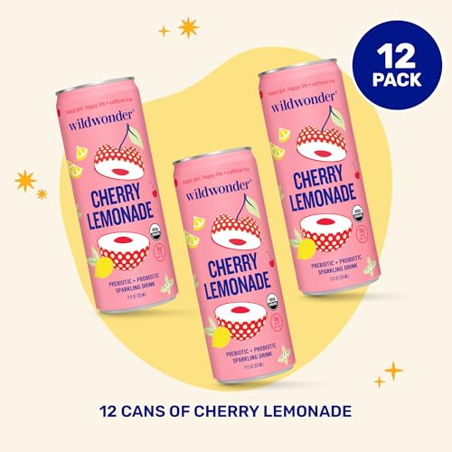 NEW! wildwonder Sparkling Probiotic Drink 12pk, For Gut Health & Immune Support, Cherry Lemonade, 5g Prebiotic Fiber, Live Probiotics, Organic, Vegan, Low Sugar, 12 Pack, 12oz Can, Seen on Shark Tank - Image 5
