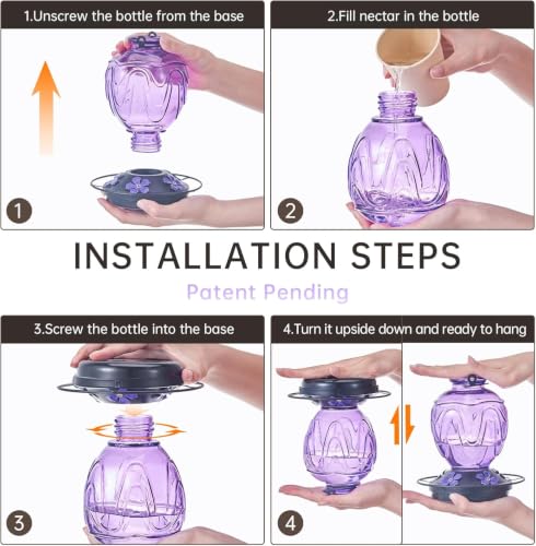 Image of 2 Pack Glass Hummingbird Feeder for Outdoors Hanging, 24Ozs Humming Bird Nectar Feeder w /Perch, 5 Flower Feeding Ports, Leak Proof Base and Hook for Outside Garden Backyard Decor, Purple