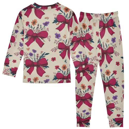 Pajama Sets Long Sleeve Floral Bow Pattern Print Soft Comfy Sleepwear 2 Piece PJS 3-8T3