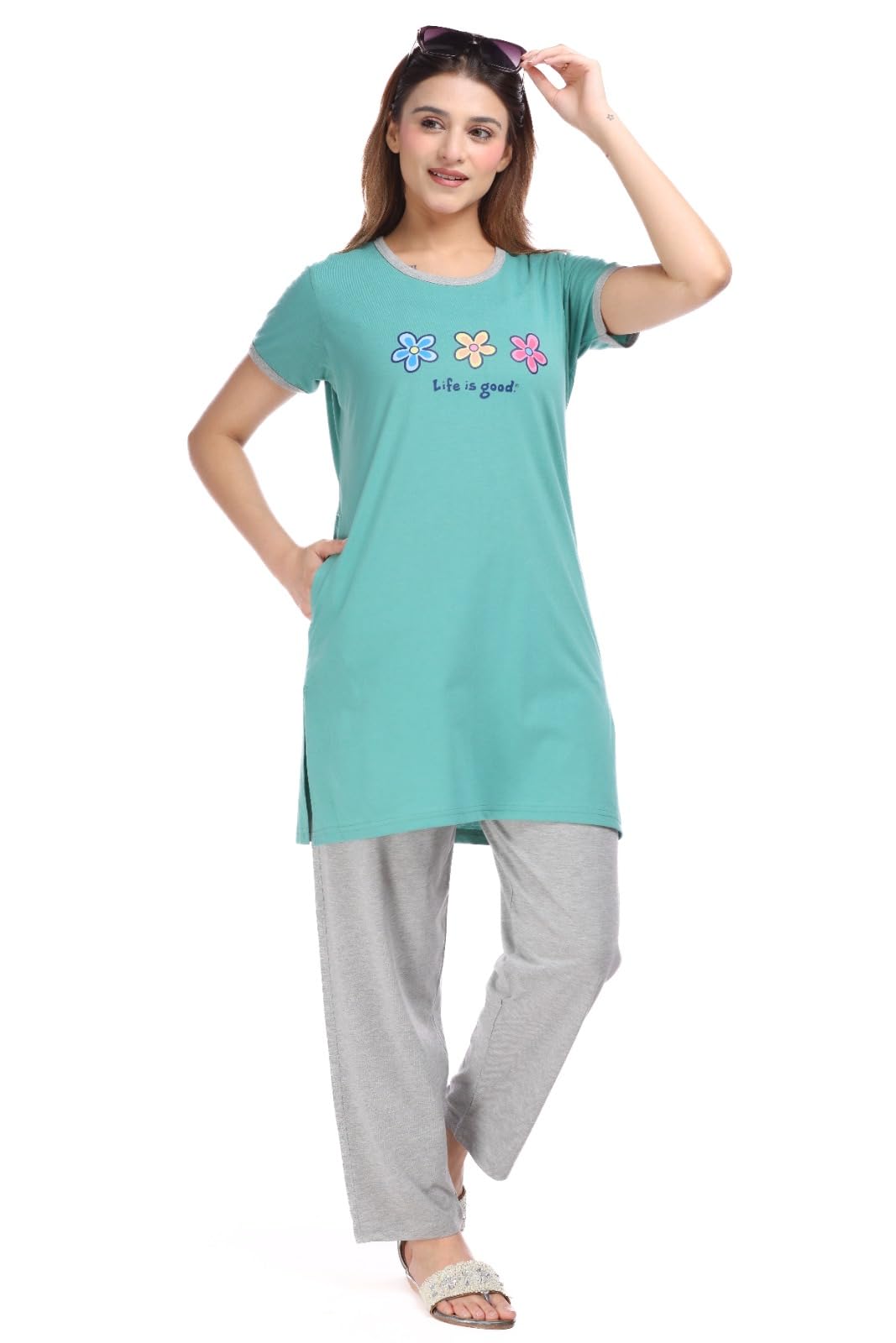 e-max Charming Teal Night‑Suit Featuring 3 Cheerful Floral Prints, ‘Life is Good’ Mantra, Side‑Slit Tunic with Soft Grey Loungewear Trousers-picture-2
