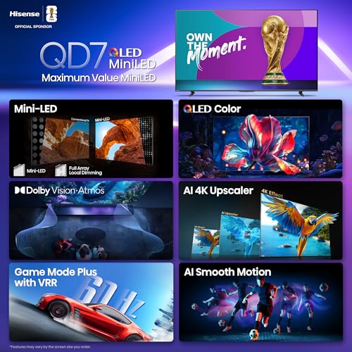 Hisense 55" Class QD7 Series Mini-LED 4K UHD Smart Fire TV (55QD7QF, 2025 Model) - QLED, HDR10+, Dolby Vision, Dolby Atmos, Game Mode Plus, ALLM, Alexa Built in with Voice Remote, Streaming TV, Black image 3