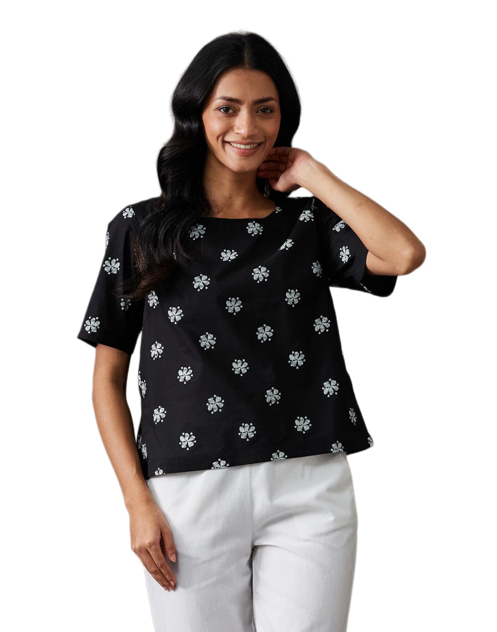 fabindia Fabnu Women Cotton Black Printed Boat Neck Half Sleeves Everyday Regular Fit Top-picture-43