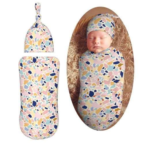 Image of Pastel Coloured Terrazzo Newborn Swaddle Blankets Hat Sets Soft Baby Receiving Blanket Swaddle Sack for Baby Shower Infant Boy Girl Gift