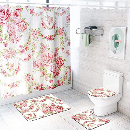 Enhome 4-teiliges Badvorleger-Set Duschmatte + Kontur Matte + WC-Deckelbezug + Duschvorhang, rutschfeste Badvorleger für Küche, Dusche und Toilette - Blumenmuster (Pinke Rose) Cover