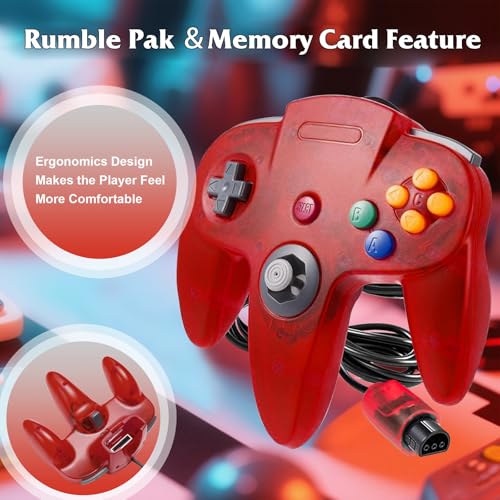 Image of KIWITATA 2 Pack Classic N64 Controller, Retro Wired N64 Remote Joystick Replacement Controller for Original N64 System Console Clear Red & Blue