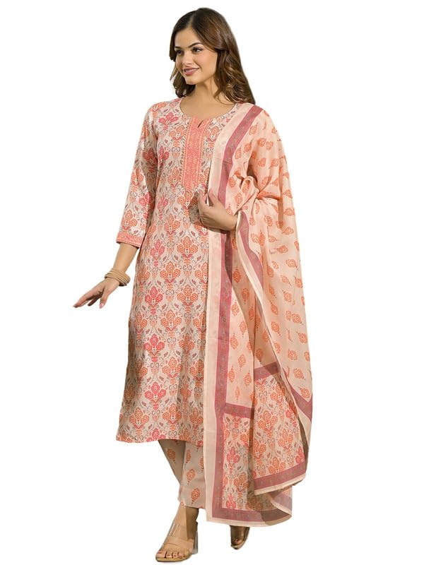 Women's Cream Rayon Blend Floral Straight Printed Kurta Pant With Dupatta Set | Casual Straight Kurta Set For Women | Printed Salwar Suit For Women-image-38