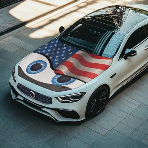 Image of American Flag Eyes Car Hood Cover Stretch Polyester Cover for Car Hood Waterproof Automotive Accessories Easy Installation for Car Hood Decoration and Protection