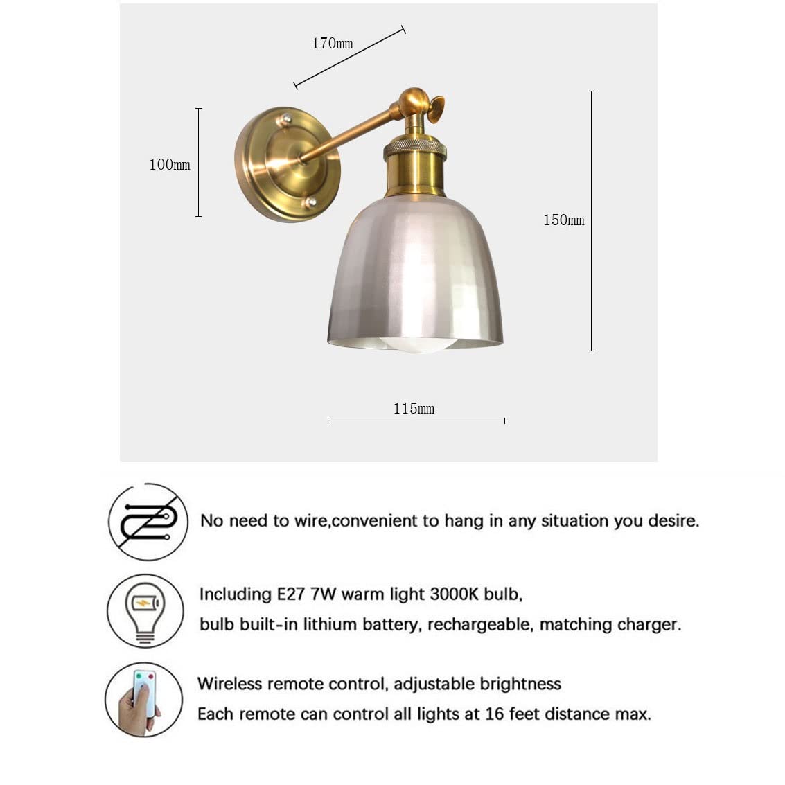 Lampa ścienna LED, 2 sztuki, kinkiet, lampa ścienna LED zasilana bateriami, pilot zdalnego sterowania, ściemnialna, do montażu na ścianie w sypialni, w zestawie żarówki awaryjne do
