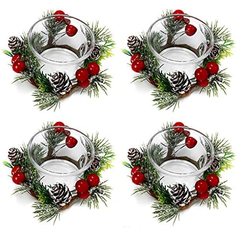 OYATON Christmas Votive Candle Holders with Pinecone Berry Candle Wreath Ring, Decorative Glass Tealight Candle Holder Set of 4 for Home, Wedding, Living Room and Bedroom Decor(Exclude Candles) Cover