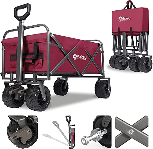 Sekey Folding Festival Trolley with Wide All-Terrain Wheels, 440LB Large Load Capacity, Heavy-Duty Camping Wagon with Brake, Sturdy Beach Garden Cart, Adjustable Handles & Drink Holders, Red