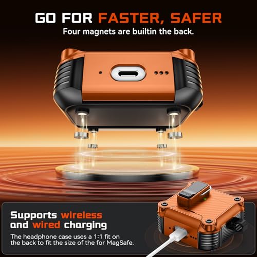 Image of Inesore for AirPods 4 Case with Secure Lock (Orange) | Phone Stand Design,Compatible with MagSafe,Automatic Snap Switch Secure Cover Carbon Fiber Texture with Cleaner Kit